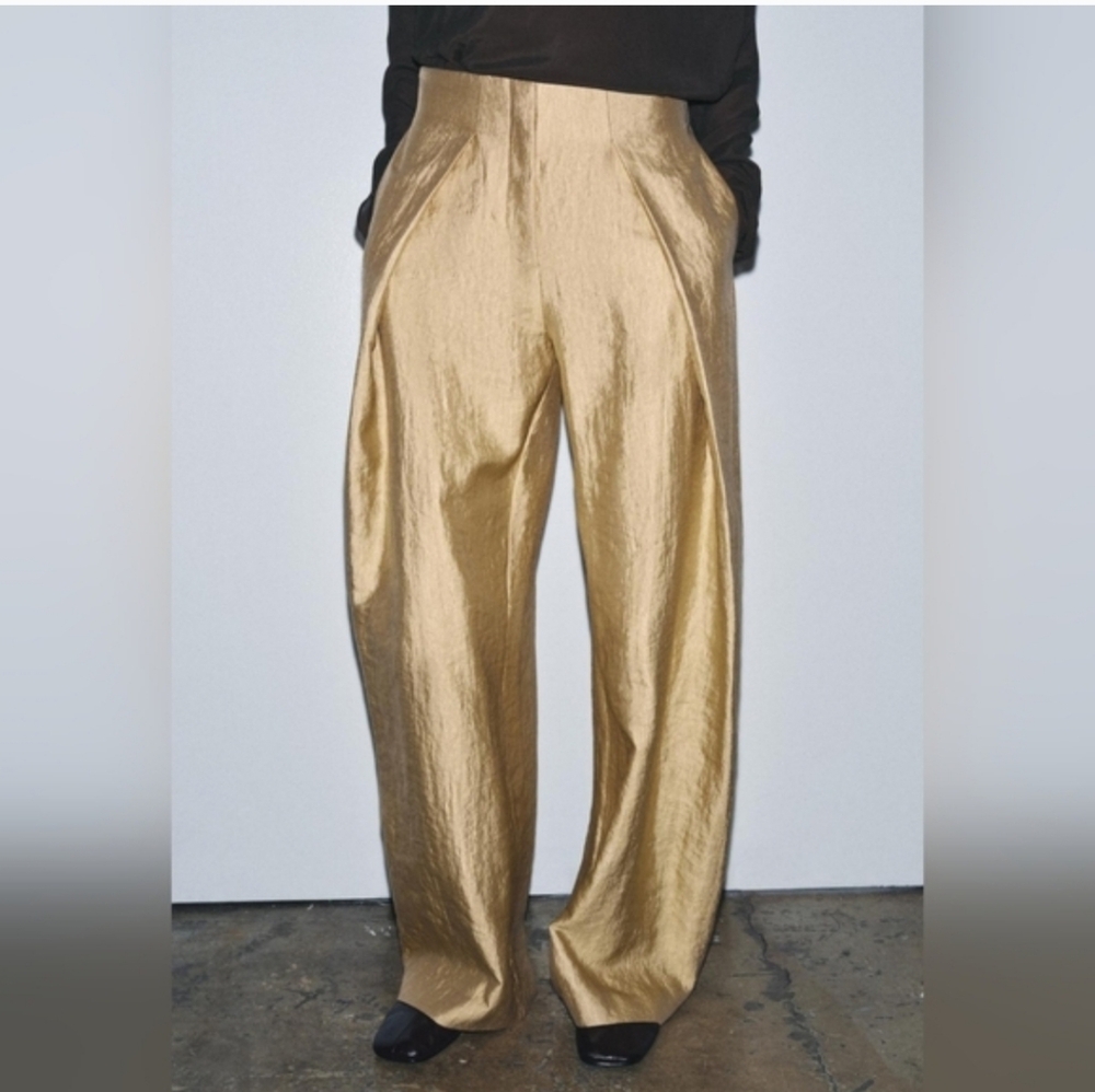 ZARA SET 2 pc METALLIC BLAZER JACKET AND WIDE PANTS GOLD SIZE S/M - Picture 11 of 13